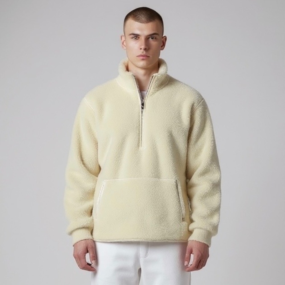 Cuts Sweater Mens Large Cream White Polatec Sherpa 1/2 Zip Pullover Fleece